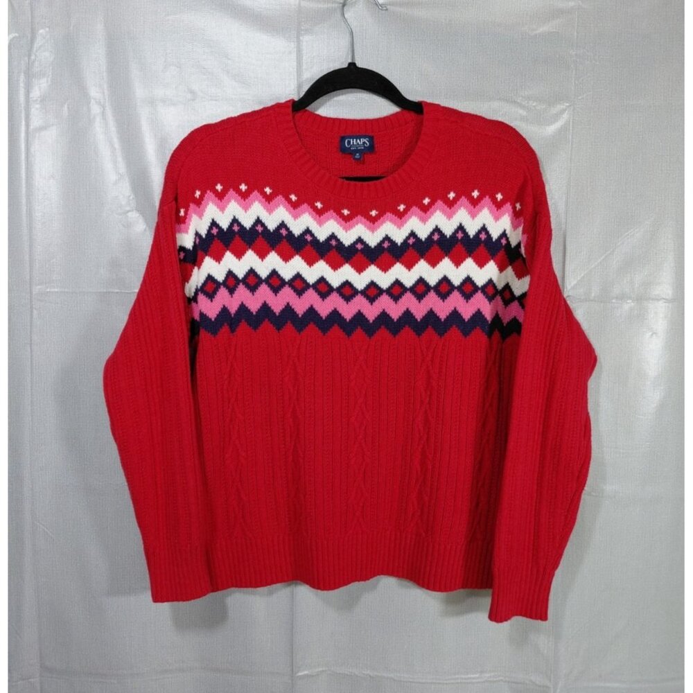 Chaps Fair Isle Cable Knit Sweater Top Med Pullover Crew Neck Soft Cozy Winter